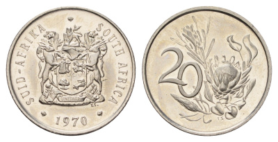 ЮАР 20 центов 1970 тираж 10.000 экземпляров KM 86 никель PROOF 4622-546