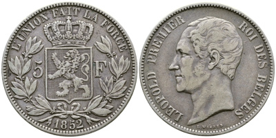Бельгия 5 франков 1852 Леопольд I (1831-1865) KM 17 серебро 1066-20-33