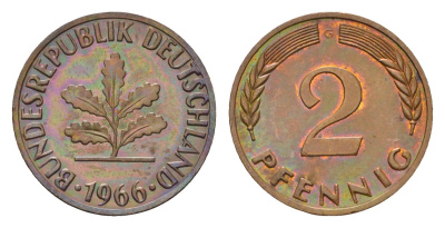 ФРГ 2 пфеннига 1966 G KM 106, J. 381 бронза 3458-338