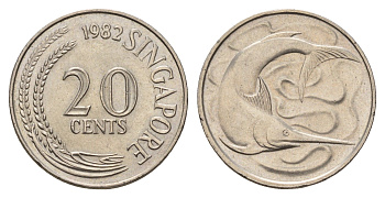 Сингапур 20 центов 1982 голубой марлин, тунец KM 4 медно-никель UNC 4401-515