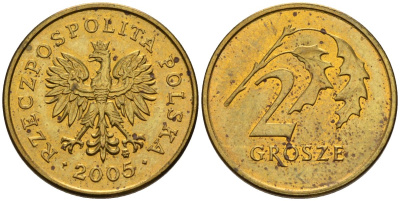Польша 2 гроша 2005 MW KM 277, Parchimowicz 702l латунь 4580-527