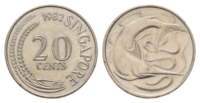 Сингапур 20 центов 1982 голубой марлин, тунец KM 4 медно-никель UNC 4401-515