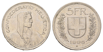 Швейцария 5 франков 1996 B KM 40a.4 медно-никель 4526-434