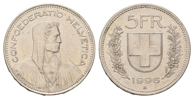 Швейцария 5 франков 1996 B KM 40a.4 медно-никель 4526-434