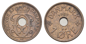 Дания 1 эре 1939 N, Кристиан X (1912-1947) KM 826 бронза 4701-621
