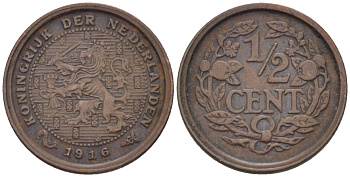 Нидерланды 1/2 цента 1916 Вильгельмина (1890-1948) KM 138 бронза 39-211