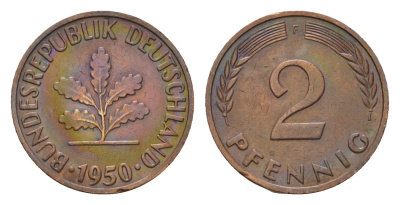 ФРГ 2 пфеннига 1950 F KM 106, J. 381 бронза 4594-143