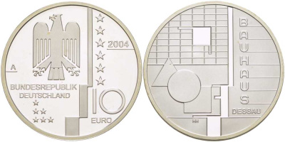 ФРГ 10 евро 2004 A, Баухауз в Дессау, геометрия KM 230, DE.S 10.13 серебро PROOF 1085-5-54