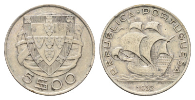Португалия 5 эскудо 1933 парусник KM 581 серебро 650-1912