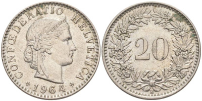Швейцария 20 раппенов 1964 B KM 29a медно-никель 55-835