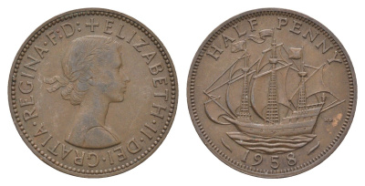 Великобритания 1/2 пенни 1958 Елизавета II (1952-2022) KM 896, Spink 4158 бронза 4662-1145