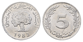 Тунис 5 миллимов 1983 пробковый дуб KM 282 алюминий UNC 4662-647