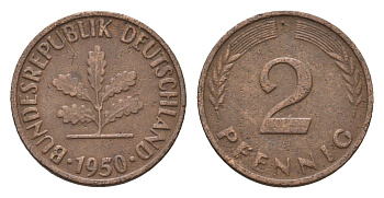 ФРГ 2 пфеннига 1950 D KM 106, J. 381 бронза 4685-329