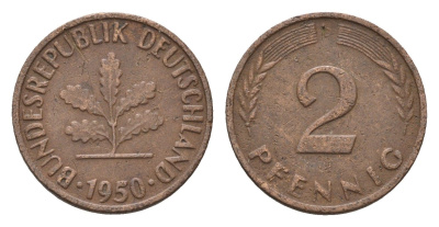 ФРГ 2 пфеннига 1950 D KM 106, J. 381 бронза 4685-329