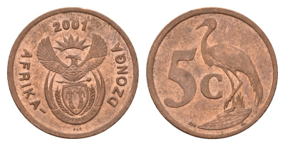 ЮАР 5 центов 2001 герб, райский журавль KM 223 сталь плакированная медью 4687-236