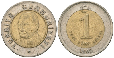 Турция 1 лира 2005 Кемаль Ататюрк KM 1169 биметалл 4620-557