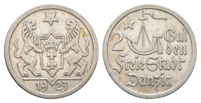 Данциг 2 гульдена 1923 год-тип KM 146 серебро 10-020-50