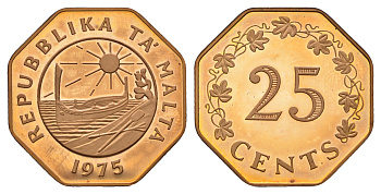 Мальта 25 центов 1975 1 год Мальтийской республике, тираж 6.000 экземпляров KM 29a бронза PROOF 270-544