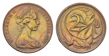 Австралия 2 цента 1977 Елизавета II (1952-2022), плащеносная ящерица KM 63 бронза 24-454