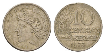 Бразилия 10 сентаво 1970 год-тип KM 578.2 медно-никель 4563-644