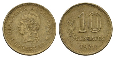 Аргентина 10 сентаво 1971 KM 66 латунь 4528-937