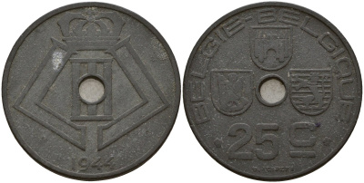 Бельгия 25 сантимов 1944 Belgie - Belgique, Леопольд III (1934-1947), германская оккупация, Вторая мировая война KM 132 цинк 4157-625