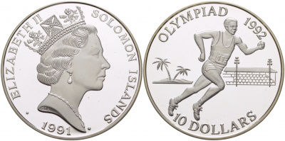 Соломоновы острова 10 долларов 1991 XXV Олимпийские игры 1992 года в Барселоне, бег KM 48 серебро PROOF 11-176-35