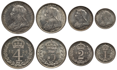 Великобритания набор из 4 монет 1896 1, 2, 3 и 4 пенса, Манди сет, в оригинальной коробке, Виктория (1837-1901) Seaby 3943 серебро UNC 00-821-63