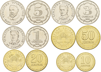 Таджикистан лот из 6 монет 2020 (10, 20, 50 дирам, 1, 3, 5 сомони) KM NEW UNC  N2-09