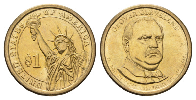 США 1 доллар 2012 D, Президент США - Гровер Кливленд (1885–1889) KM 525 медь с марганцево-латунным покрытием UNC 4698-942