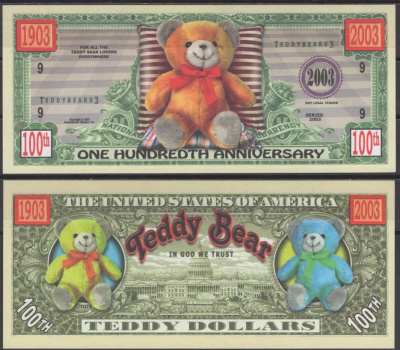 США тедди доллар 2003 100 лет плюшевым мишкам Тедди (Teddy) бумага UNC (пресс) 7197-24-1