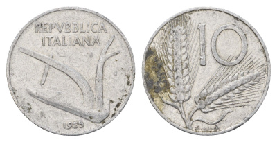 Италия 10 лир 1955 R, колосья KM 93 алюминий 4638-427
