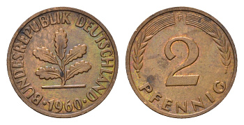 ФРГ 2 пфеннига 1960 F KM 106, J. 381 бронза 4532-1034