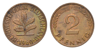 ФРГ 2 пфеннига 1960 F KM 106, J. 381 бронза 4532-1034
