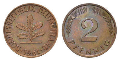 ФРГ 2 пфеннига 1961 J KM 106, J. 381 бронза 4576-1063