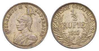 Германская Восточная Африка 1/2 рупии 1910 J KM 9 серебро 10-020-54