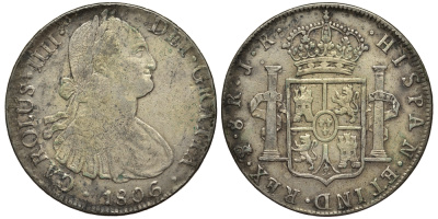 Боливия 8 реалов 1806 PJ, подделка в ущерб обращению KM 73.1 серебро 1067-1-22
