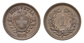 Швейцария 1 раппен 1938 B KM 3.2 бронза 46-632