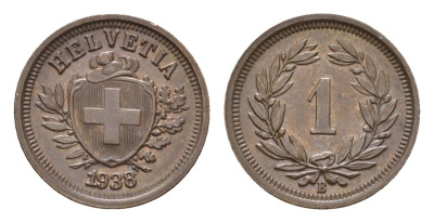 Швейцария 1 раппен 1938 B KM 3.2 бронза 46-632