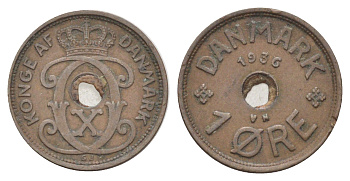 Дания 1 эре 1936 N, Кристиан X (1912-1947) KM 826 бронза 4701-612