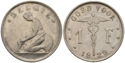 Бельгия 1 франк 1929 Belgie KM 90 никель 34-1022