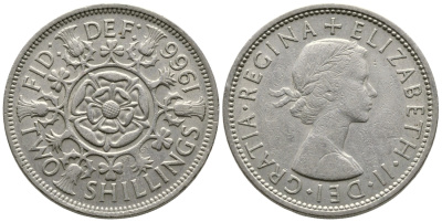 Великобритания 2 шиллинга (флорин) 1966 Елизавета II (1952-2022) KM 906, Spink 4146 медно-никель 3999-1032