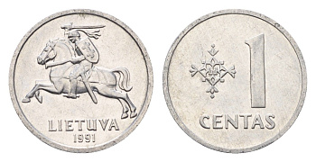 Литва 1 цент (сент) 1991 год-тип KM 85 алюминий aUNC 4689-1031