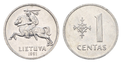 Литва 1 цент (сент) 1991 год-тип KM 85 алюминий aUNC 4689-1031