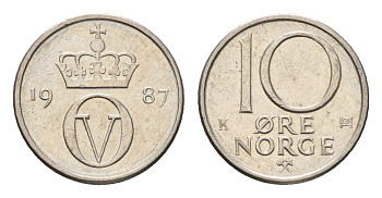 Норвегия 10 эре 1987 Улаф V (1957-1991) KM 416 медно-никель UNC 4684-729