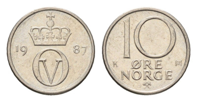Норвегия 10 эре 1987 Улаф V (1957-1991) KM 416 медно-никель UNC 4684-729