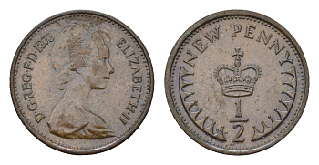 Великобритания 1/2 новый пенни 1973 Елизавета II (1952-2022) KM 914, Spink 4239 бронза 96-668