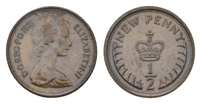 Великобритания 1/2 новый пенни 1973 Елизавета II (1952-2022) KM 914, Spink 4239 бронза 96-668