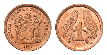 ЮАР 1 цент 1991 герб, капские воробьи KM 132 сталь плакированная медью UNC 4690-1263