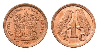 ЮАР 1 цент 1991 герб, капские воробьи KM 132 сталь плакированная медью UNC 4690-1263